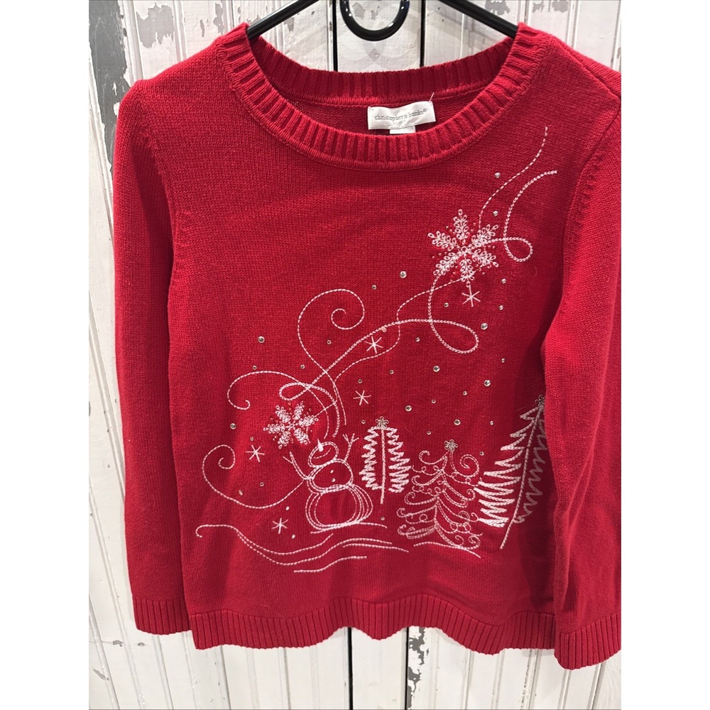 Christopher and Banks Red Christmas Sweater Embroidered Christmas Trees Size M